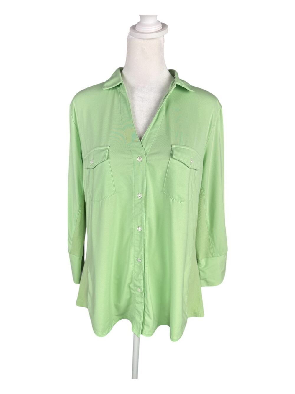 J McLaughlin XL Brynn Top Palm Green Button Up 3/4 Sleeve Chest Pocket Knit Side